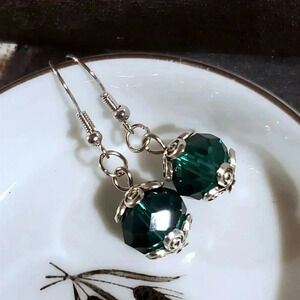 Vintage Emerald Green Crystal Beads Antique Silver Carved Accents Earrings
